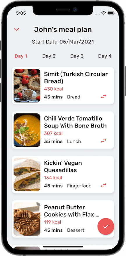 A screenshot of our application showing a list of recipes on an iPhone.