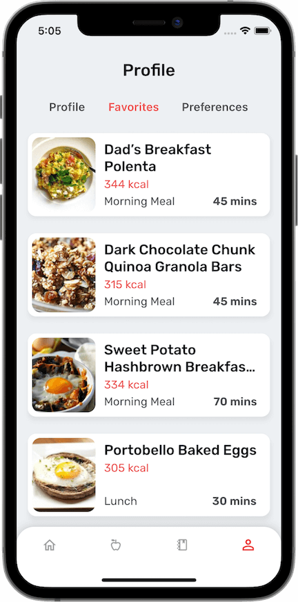 A screenshot of our application showing the favorite recipes of the user.