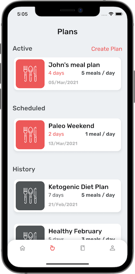 A screenshot of our application showing a list of meal plans created by the user.