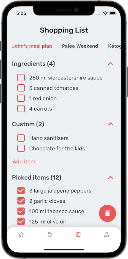A screenshot of our application showing a shopping list.